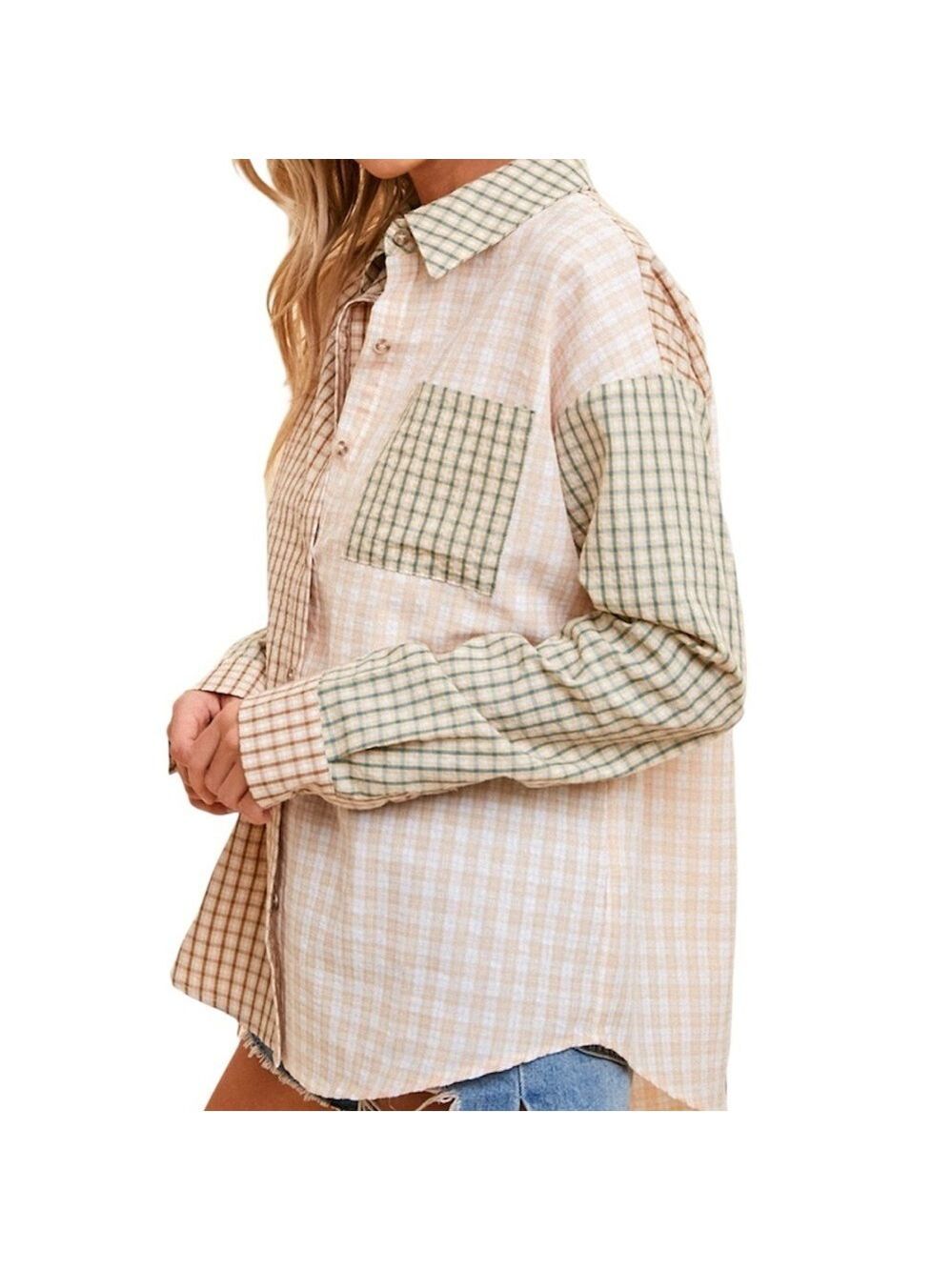 HEM & THREAD Plaid Patchwork, Neutral Colour Blocking button Down Large